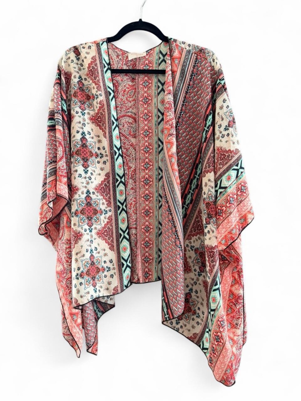 NYMPHE Coral & Cream Open-Front Printed Kimono Sweater